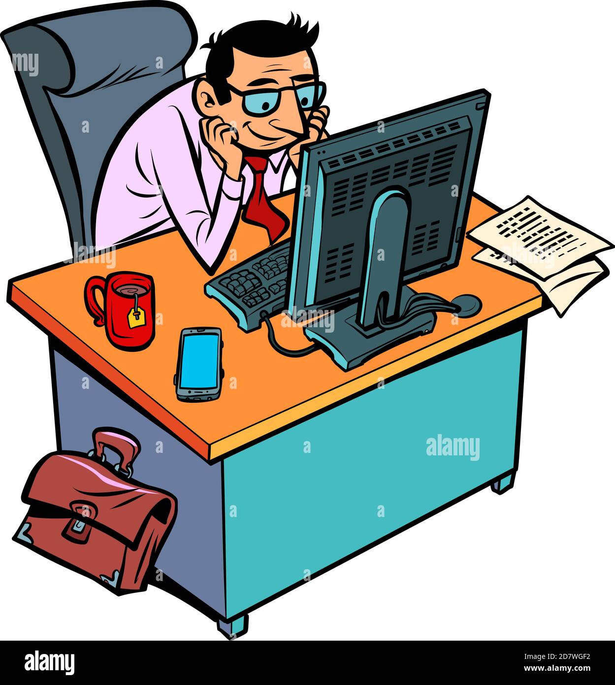 un homme d'affaires souriant travaille dans un bureau à un ordinateur Illustration de Vecteur