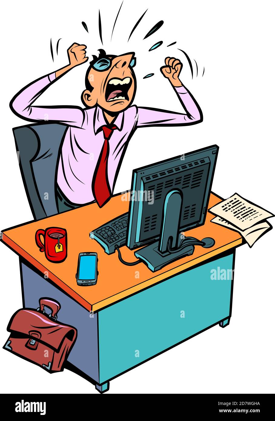 un homme d'affaires furieux et furieux travaille dans un bureau de un ordinateur Illustration de Vecteur