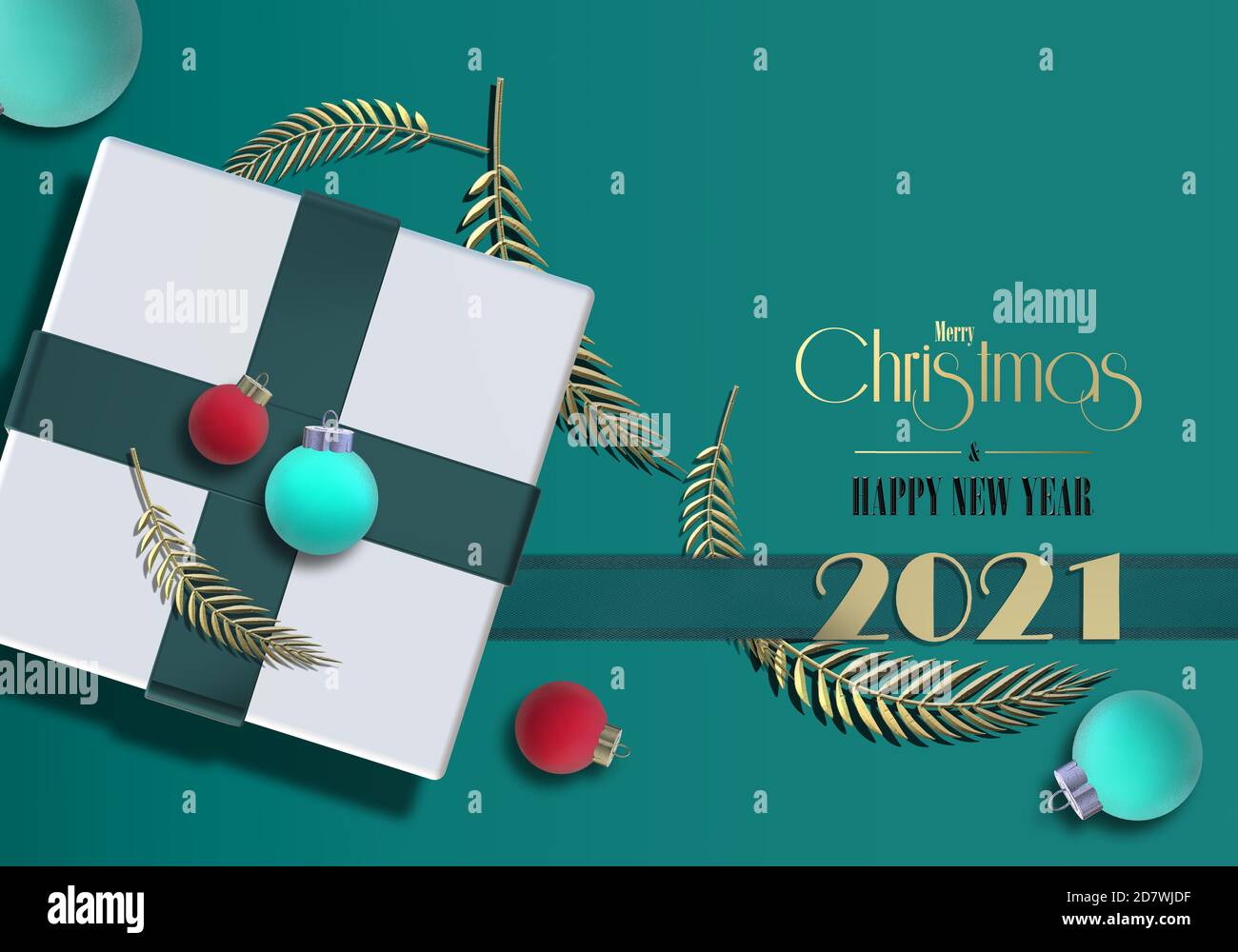 Carte de Noël du nouvel an 2021. Boîte cadeau de Noël avec noeud, boules de Noël boules de boules, feuilles d'or, texte doré Joyeux Noël bonne année 2021 sur fond vert. Illustration 3D Banque D'Images