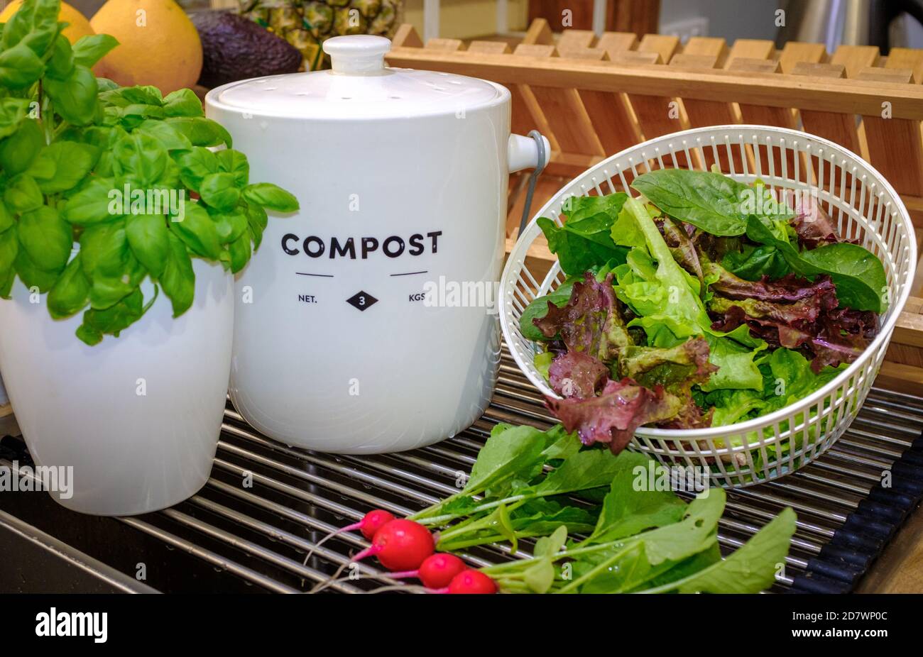 Pot de collecte de compost de déchets alimentaires avec des légumes cultivés à la maison sur le plan de travail de la cuisine recueillis dans le jardin, l'autosuffisance et la ferme urbaine durable Banque D'Images