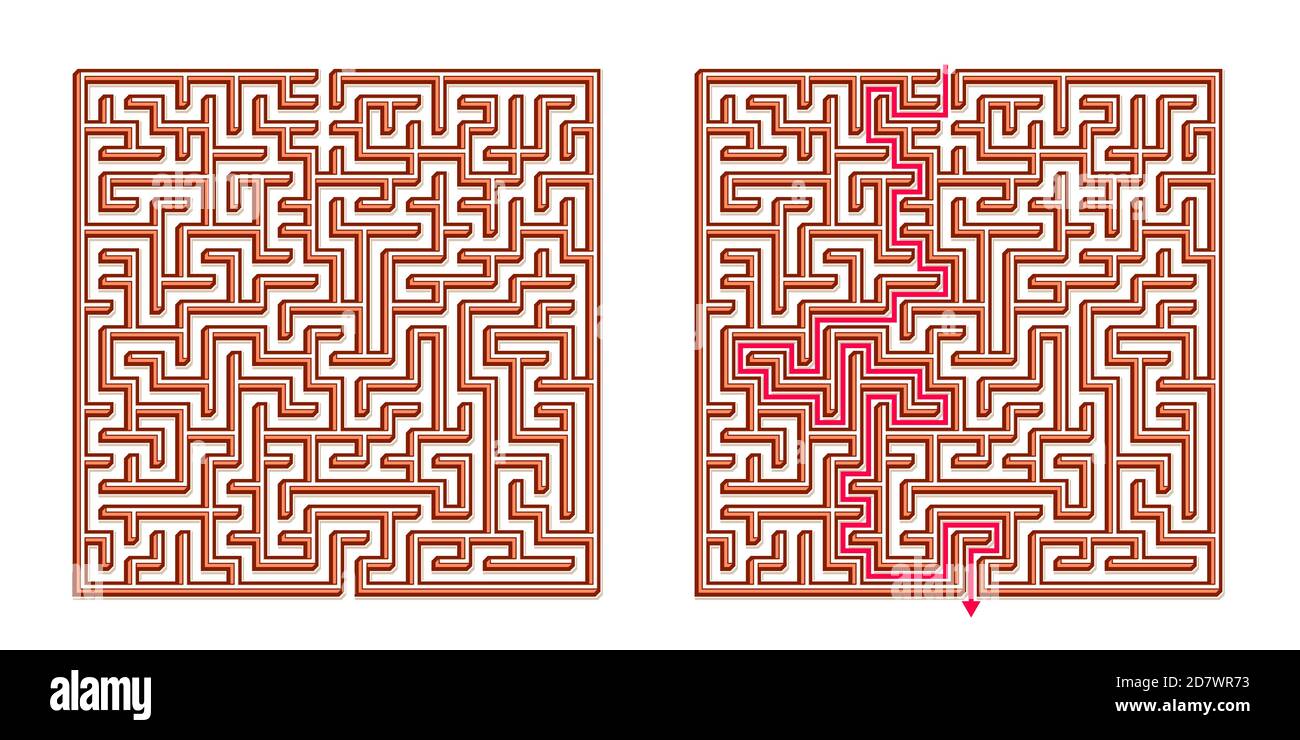 Vector 3D / Isométrique Maze Easy Square - labyrinthe avec solution incluse. Jeu d'esprit amusant et éducatif pour la coordination, la résolution de problèmes, la décision Illustration de Vecteur