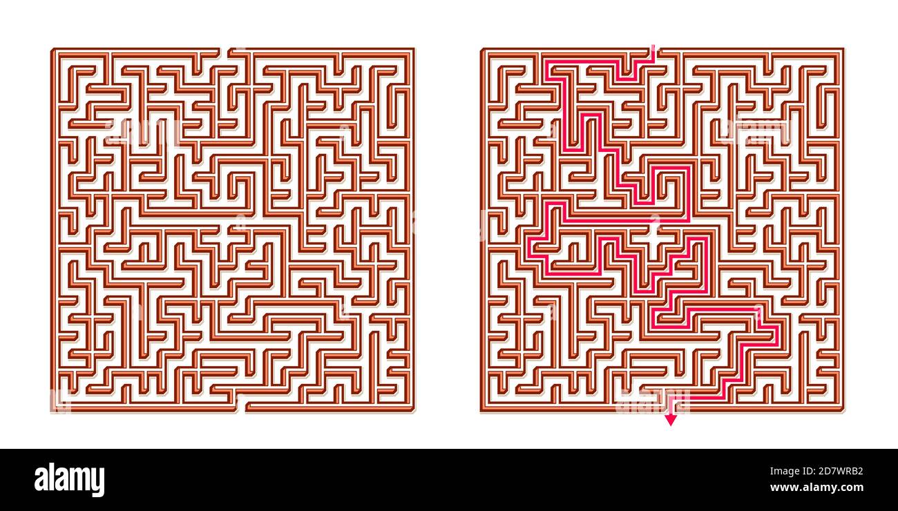 Vector 3D / Isométrique Maze Easy Square - labyrinthe avec solution incluse. Jeu d'esprit amusant et éducatif pour la coordination, la résolution de problèmes, la décision Illustration de Vecteur