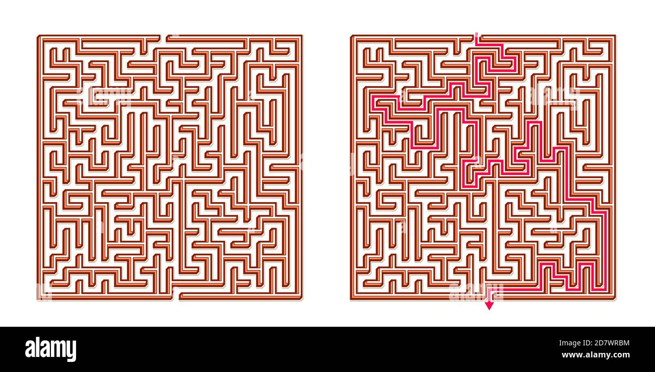 Vector 3D / Isométrique Maze Easy Square - labyrinthe avec solution incluse. Jeu d'esprit amusant et éducatif pour la coordination, la résolution de problèmes, la décision Illustration de Vecteur