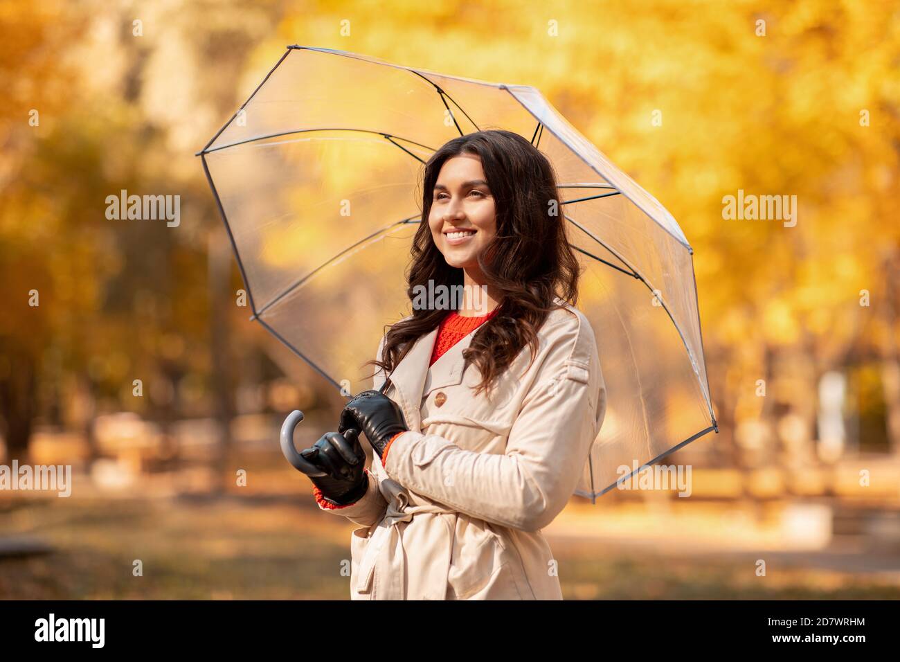 Concept de la saison d'automne. Jeune femme à la mode avec une tenue élégante tenant un parapluie et souriant au parc jaune Banque D'Images
