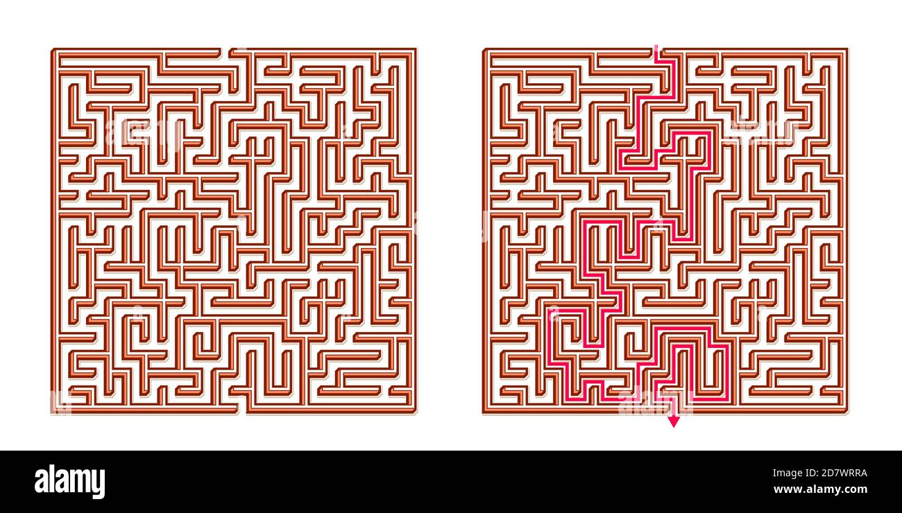 Vector 3D / Isométrique Maze Easy Square - labyrinthe avec solution incluse. Jeu d'esprit amusant et éducatif pour la coordination, la résolution de problèmes, la décision Illustration de Vecteur