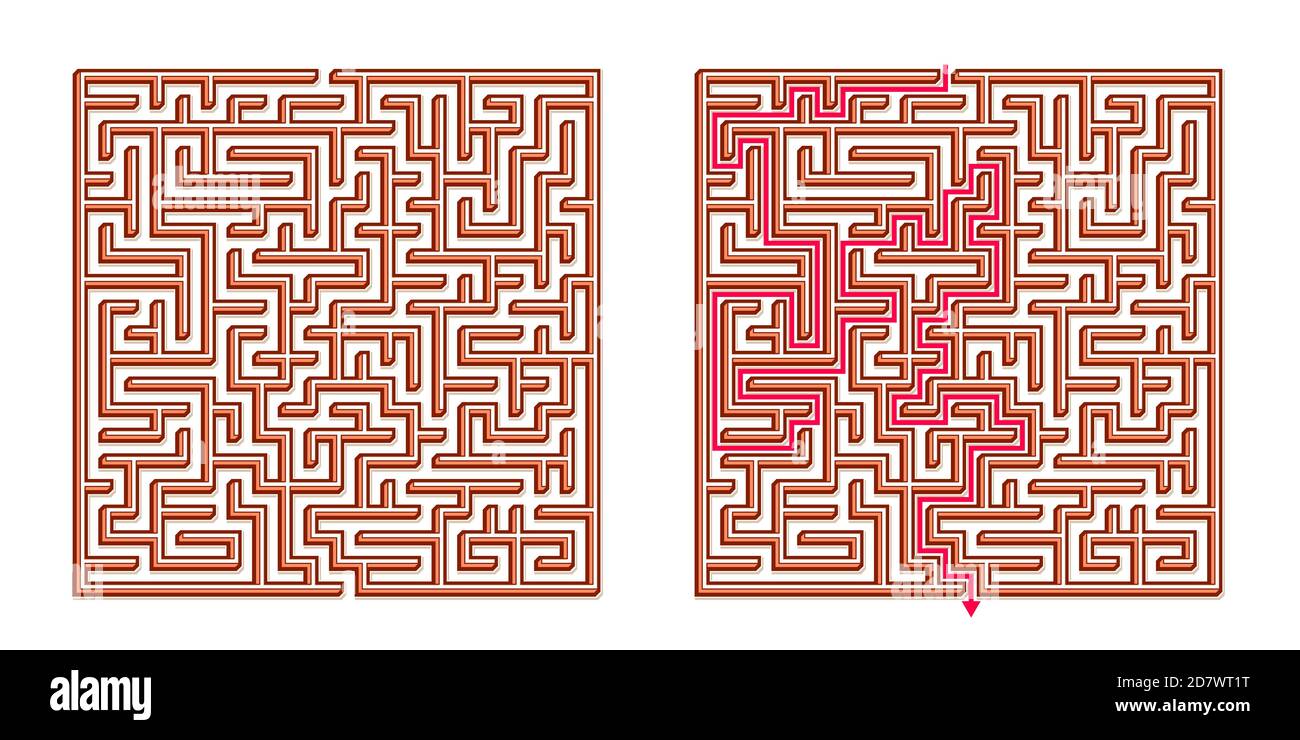 Vector 3D / Isométrique Maze Easy Square - labyrinthe avec solution incluse. Jeu d'esprit amusant et éducatif pour la coordination, la résolution de problèmes, la décision Illustration de Vecteur