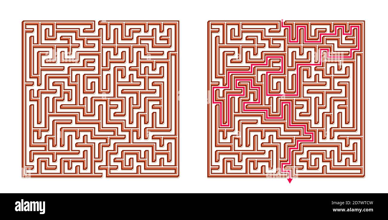 Vector 3D / Isométrique Maze Easy Square - labyrinthe avec solution incluse. Jeu d'esprit amusant et éducatif pour la coordination, la résolution de problèmes, la décision Illustration de Vecteur