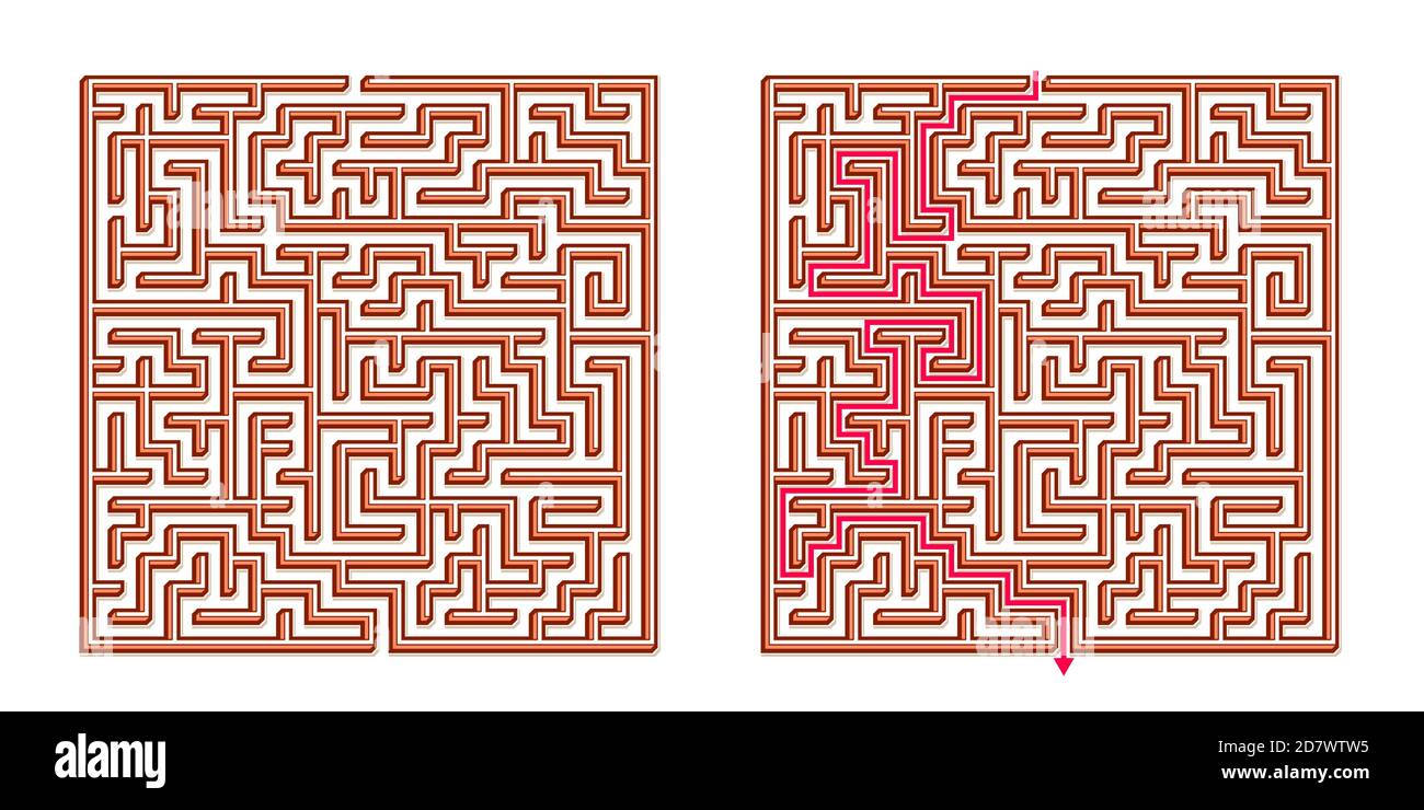 Vector 3D / Isométrique Maze Easy Square - labyrinthe avec solution incluse. Jeu d'esprit amusant et éducatif pour la coordination, la résolution de problèmes, la décision Illustration de Vecteur