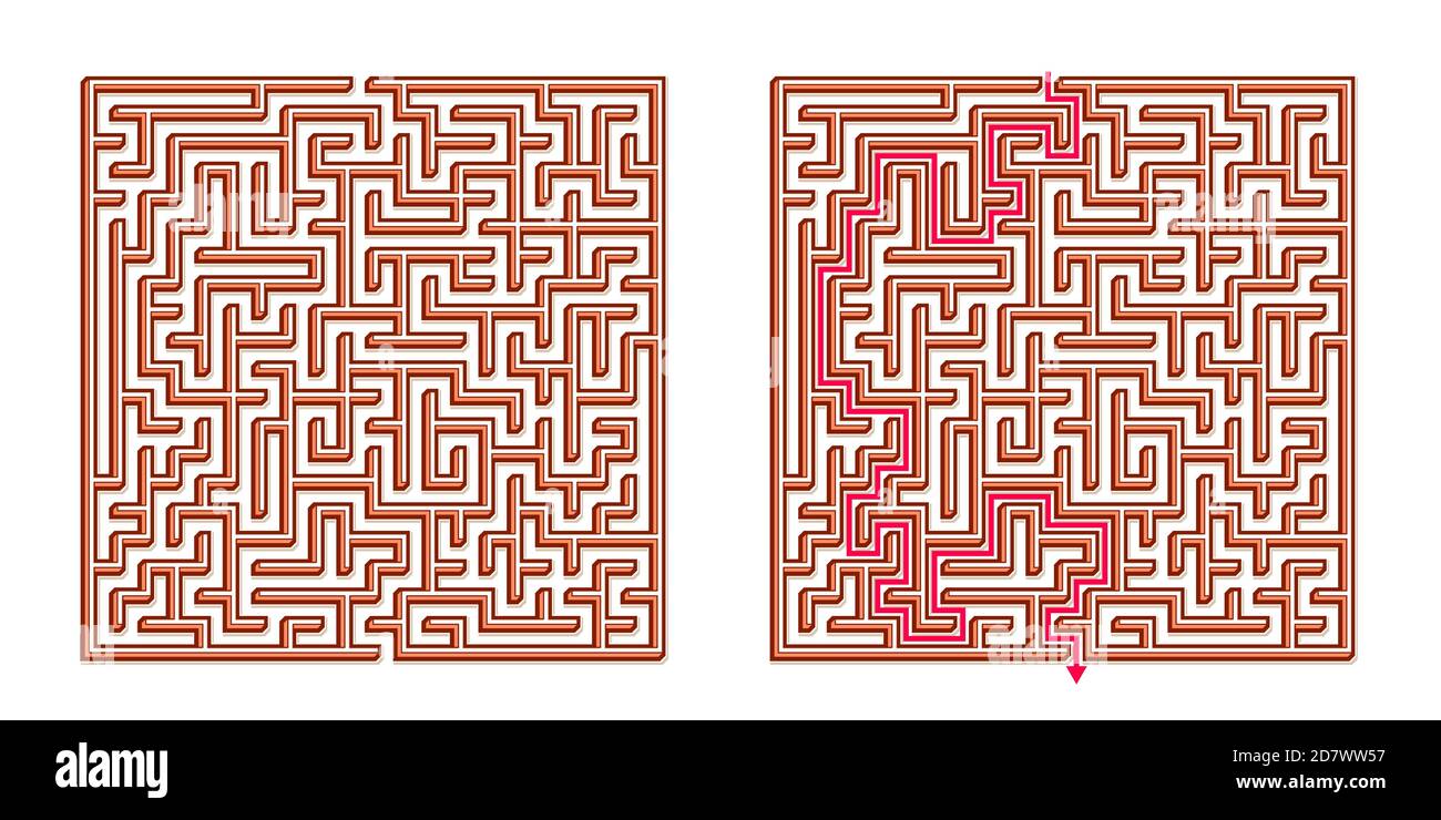 Vector 3D / Isométrique Maze Easy Square - labyrinthe avec solution incluse. Jeu d'esprit amusant et éducatif pour la coordination, la résolution de problèmes, la décision Illustration de Vecteur