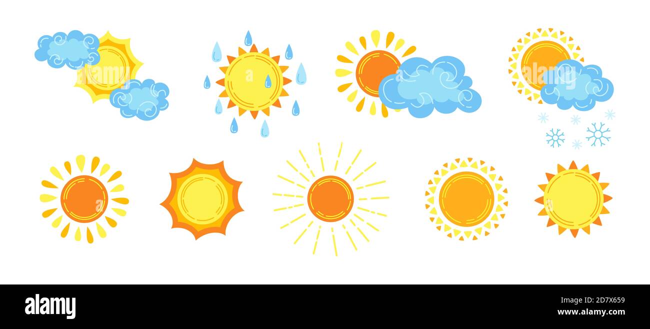 Ensemble de dessins animés soleil. Nuages pluie, neige et nuageux. Des lunettes de soleil mignonnes dessinées à la main. Collection de symboles météorologiques amusants. Vecteur de signes infographiques météorologiques Illustration de Vecteur