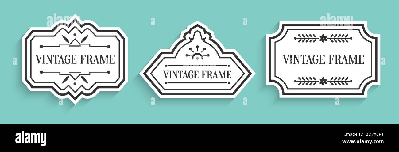Ensemble de feuilles de papier blanc vintage avec ombre. Modèle d'emballage rétro pour bannière textuelle, autocollant. Forme différente bordure vide étiquette menu prix de vente avec éléments décoratifs illustration vectorielle isolée Illustration de Vecteur