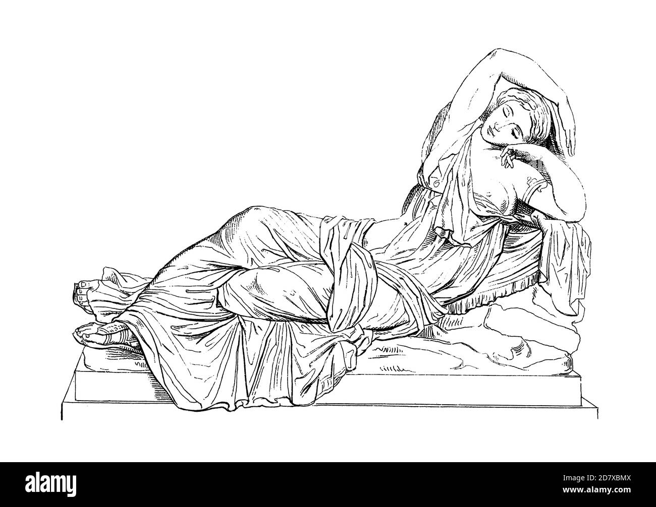 Ancienne gravure du XIXe siècle de l'Ariadne endormi. Illustration publiée dans Systematischer Bilder Atlas - Bauwesen, Ikonographische Encyklopedie de Banque D'Images