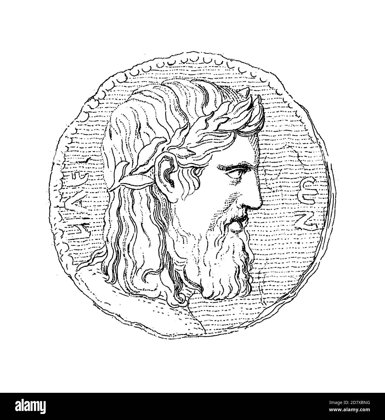Illustration antique d'une pièce de monnaie ancienne représentant Zeus. Gravure publiée dans Systematischer Bilder Atlas - Bauwesen, Ikonographische Encyklopedie der Banque D'Images