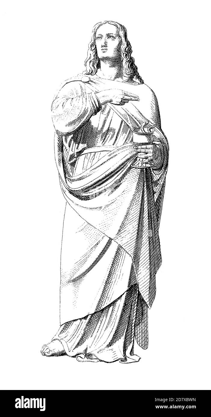 Gravure antique du XIXe siècle représentant la sculpture de la jeune femme par Peter Vischer le sage à Nuremberg, Allemagne. Illustration publiée dans Systematisc Banque D'Images