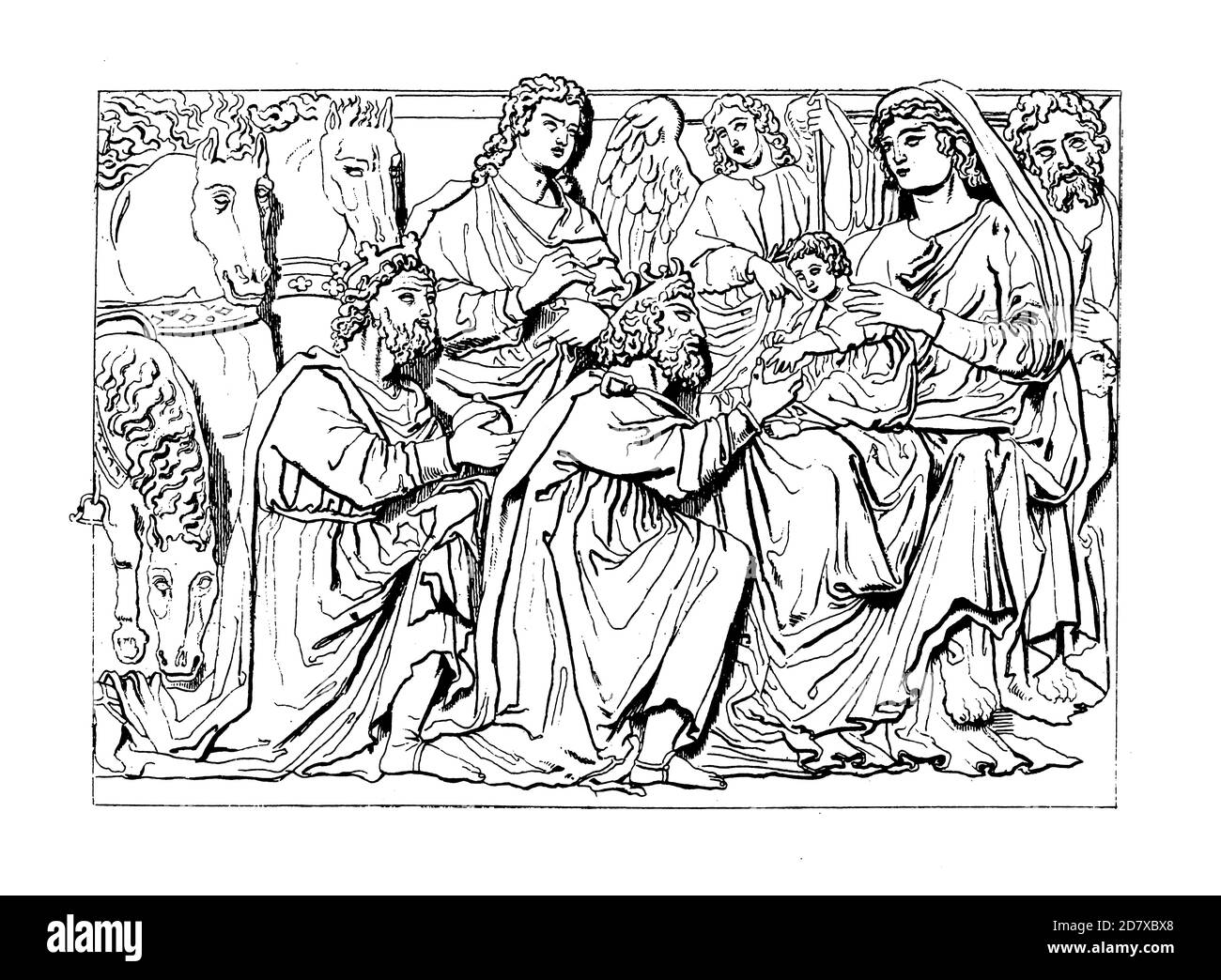 Gravure du XIXe siècle illustrant l'adoration des Mages par Nicola Pisano - détail de la chaire du baptistère de Pise. Illustration publiée dans Systema Banque D'Images