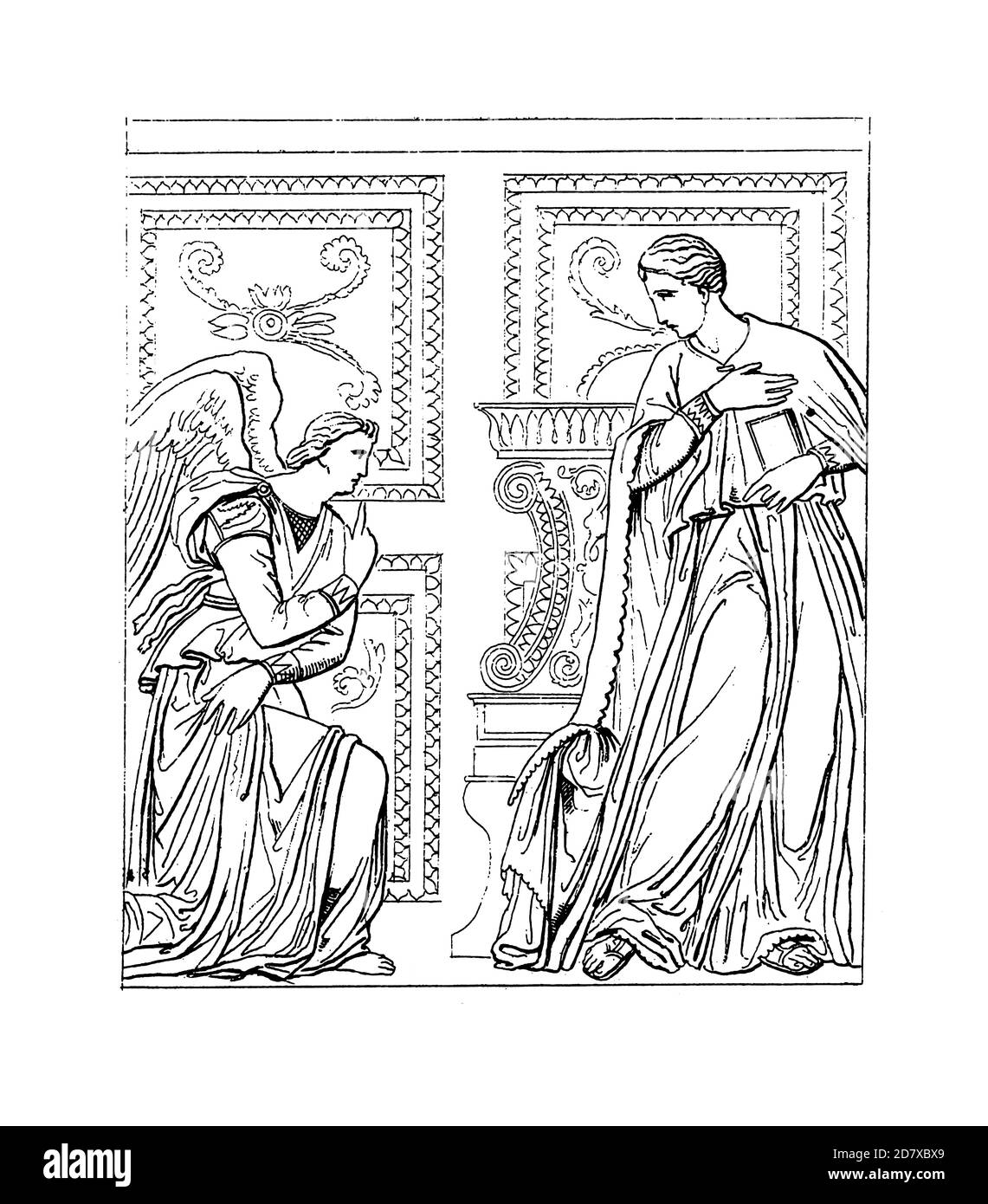 Ancienne gravure du XIXe siècle représentant l'Annonciation de Donatello à la basilique de Santa Croce, Florence, Italie. Illustration publiée dans Syst Banque D'Images