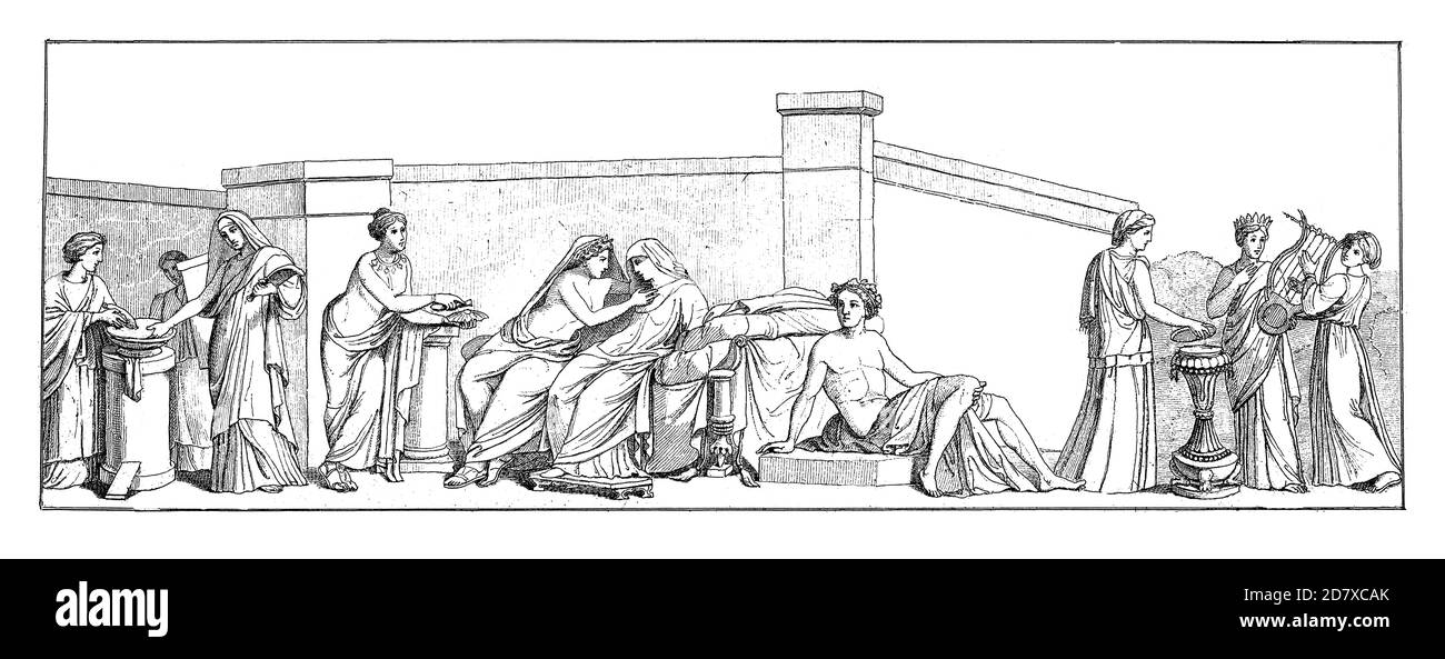 Illustration antique du XIXe siècle représentant le mariage Aldobrandini, bas-relief romain (1er siècle av. J.-C.). Gravure publiée dans Systematischer Bilder Banque D'Images