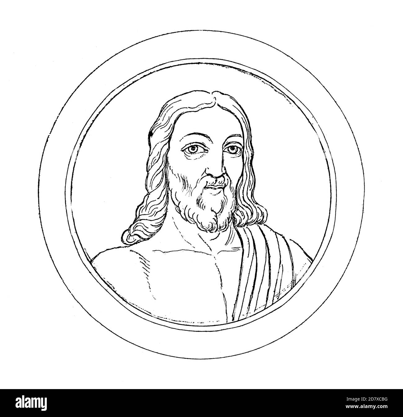 Gravure antique du XIXe siècle représentant le Christ des catacombes de Rome. Illustration publiée dans Systematischer Bilder Atlas - Bauwesen, Ikonogra Banque D'Images