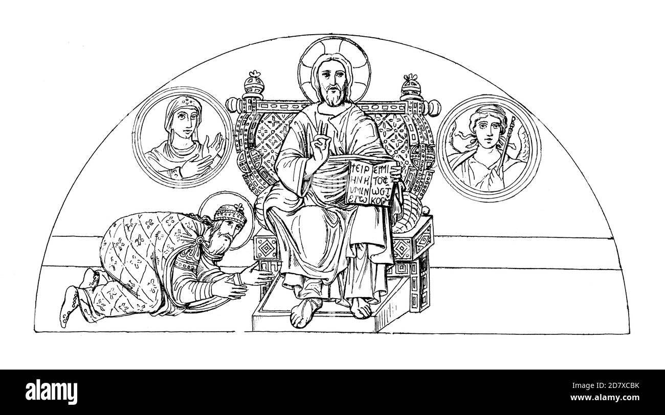 Illustration du XIXe siècle représentant la mosaïque de la porte impériale de Sainte-Sophie, Istanbul, Turquie. Gravure publiée dans Systematischer Bilder Atlas - Bau Banque D'Images Illustration du XIXe siècle représentant la mosaïque de la porte impériale de Sainte-Sophie, Istanbul, Turquie. Gravure publiée dans Systematischer Bilder Atlas - Bau Banque D'Images