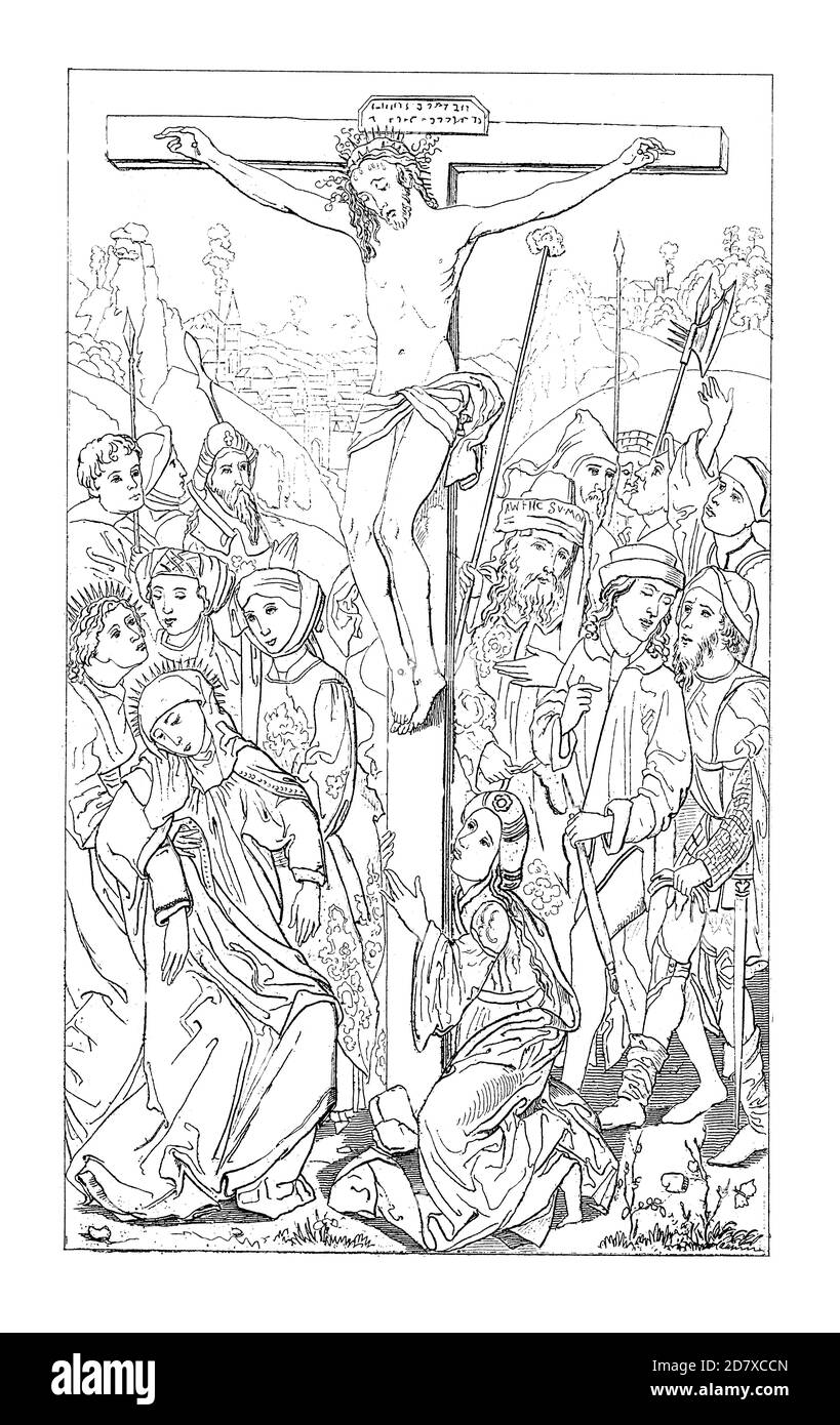 Illustration du XIXe siècle représentant la Crucifixion de Jésus par Michael Wolgemut, peintre allemand. Gravure publiée dans Systematischer Bilder Atlas - Banque D'Images