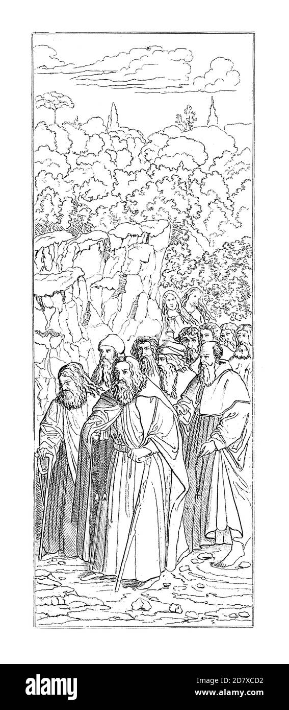 Gravure du XIXe siècle représentant les Hermites, le panneau inférieur droit de l'retable de Gand, par Hubert van Eyck. Illustration publiée dans Systematisc Banque D'Images
