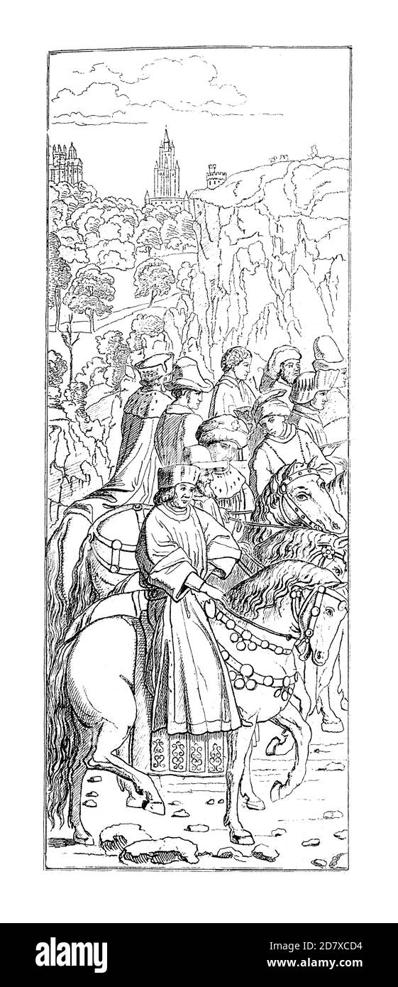 Ancienne gravure du XIXe siècle représentant les juges justes, le panneau inférieur gauche de l'retable de Gand, par Hubert van Eyck. Illustration publiée dans Banque D'Images