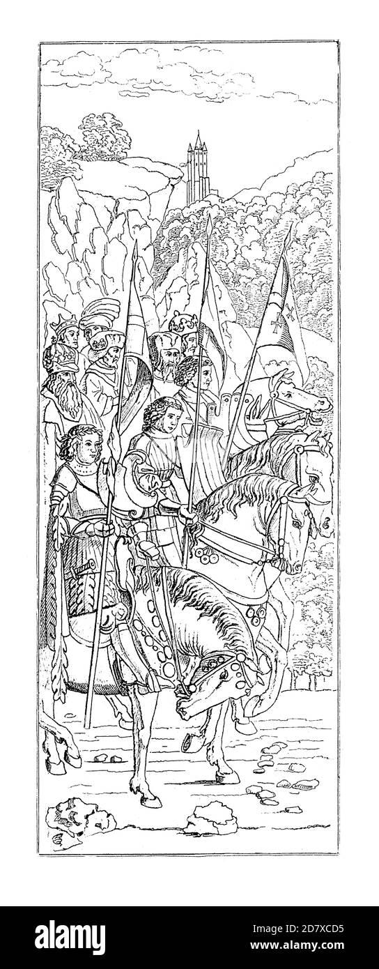 Illustration du XIXe siècle représentant les Chevaliers du Christ, le panneau inférieur gauche du retable de Gand, par Hubert van Eyck. Gravure publiée dans Sy Banque D'Images
