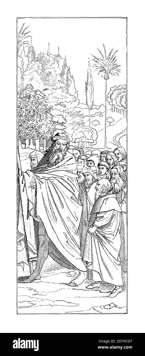 Illustration antique représentant les pèlerins, le panneau inférieur droit du retable de Gand, par Hubert van Eyck. Gravure publiée dans Systematischer Banque D'Images