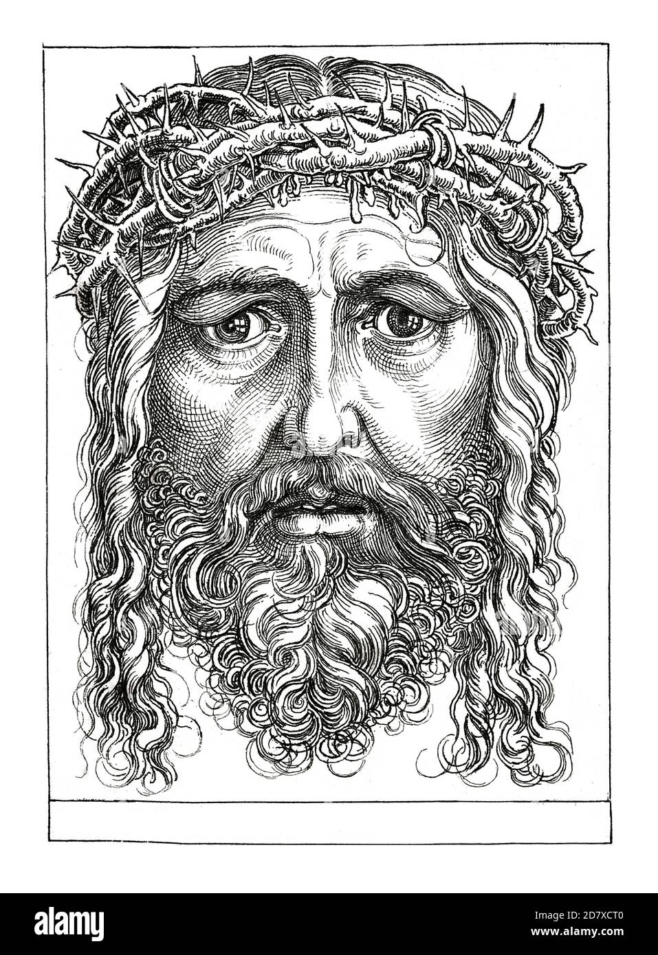 Illustration antique représentant le portrait du Christ souffrant par Albrecht Durer. Gravure publiée dans Systematischer Bilder Atlas - Bauwesen, Ikonogra Banque D'Images