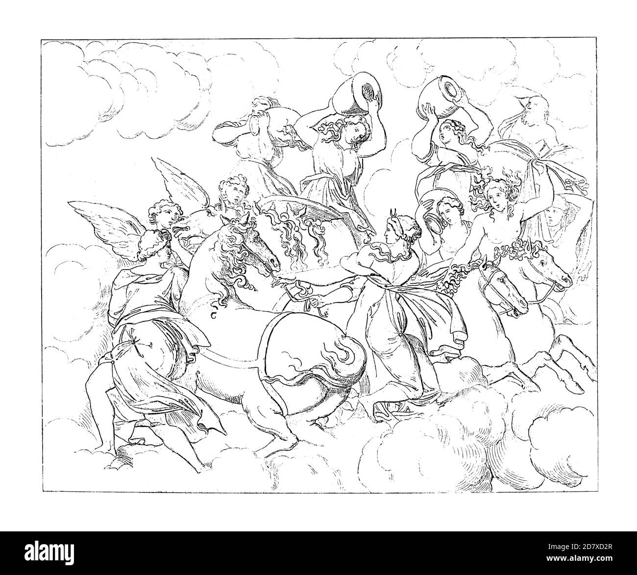 Gravure antique représentant Diana et les nymphes, peinture par Giulio Romano. Illustration publiée dans Systematischer Bilder Atlas - Bauwesen, Ikonogr Banque D'Images
