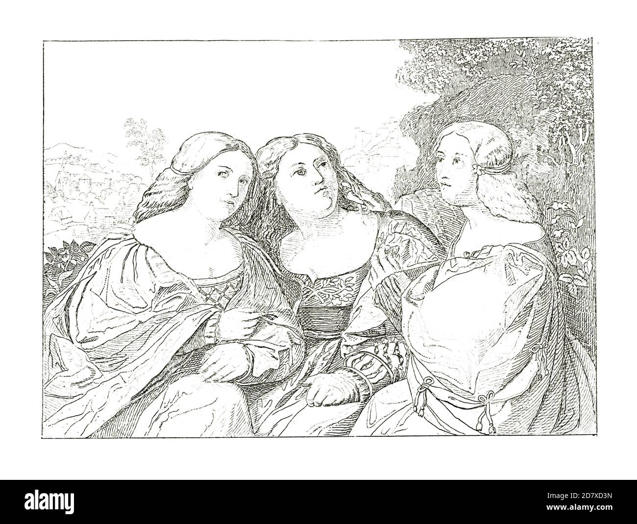 Illustration du XIXe siècle représentant les trois Grâces, peinture de Palma Vecchio. Gravure publiée dans Systematischer Bilder Atlas - Bauwesen, Ikonog Banque D'Images