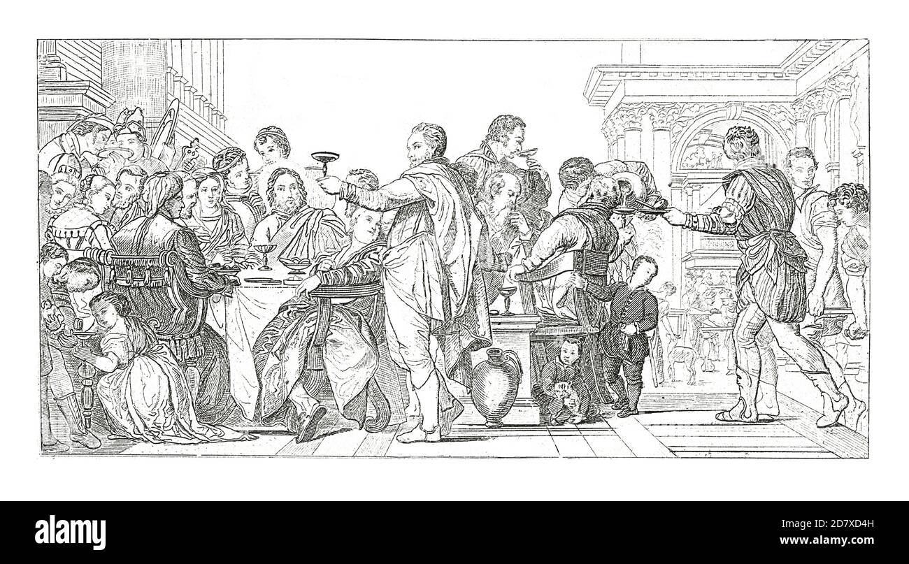 Illustration antique représentant le mariage à Cana, peinture de Paolo Veronese. Gravure publiée dans Systematischer Bilder Atlas - Bauwesen, Ikonogr Banque D'Images