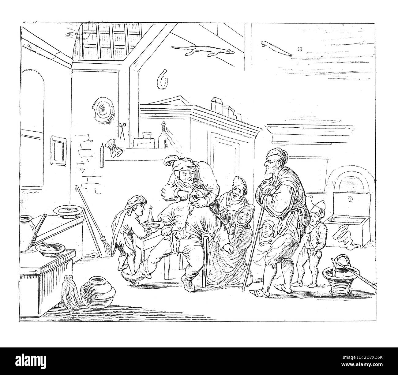 Gravure antique représentant l'extraction de la dent par barbier, peinture à l'huile par Adriaen van Ostade (1630 - 1635). Il était le célèbre peintre hollandais de l'âge d'or Banque D'Images