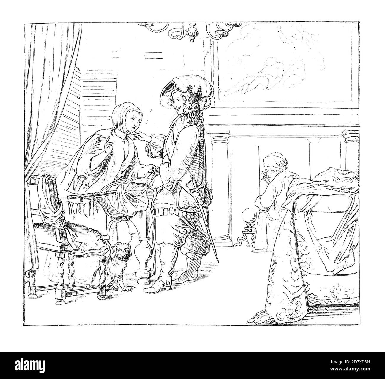 Illustration antique représentant cavalier et Merchant Girl, piquant par Frans van Mieris l'ancien. Frans van Mieris était le genre et le port hollandais de l'âge d'or Banque D'Images