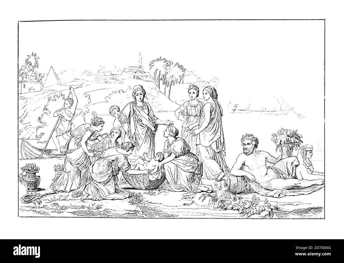 Illustration antique représentant bébé Moïse sauvé de la rivière, peinture de Nicolas Poussin (en date de 1647). Il (15 juin 1594 – 19 novembre 1665) était un F Banque D'Images