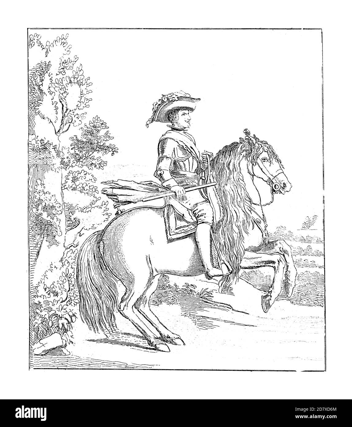 Philippe IV à cheval, gravure de 1875 : le roi en armure sur un cheval cabré, avec un bâton, une écharpe et un chapeau à plumes, d'après Velázquez. Bilder-Atlas. Banque D'Images