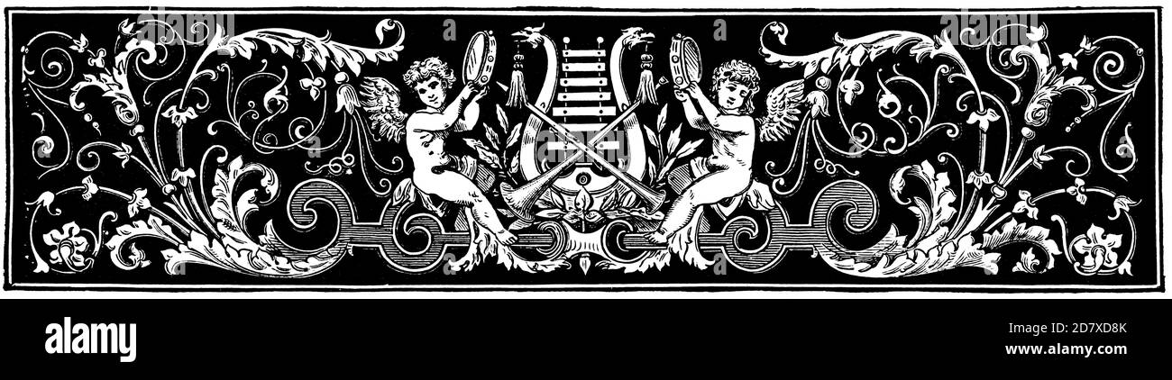 Décoration florale abstraite avec anges (cupids) jouant le tambourin, le xylophone et la pipe. Séparateur de chapitres dans un livre. Illustration du 19e siècle. Arrière-plan blanc. Banque D'Images