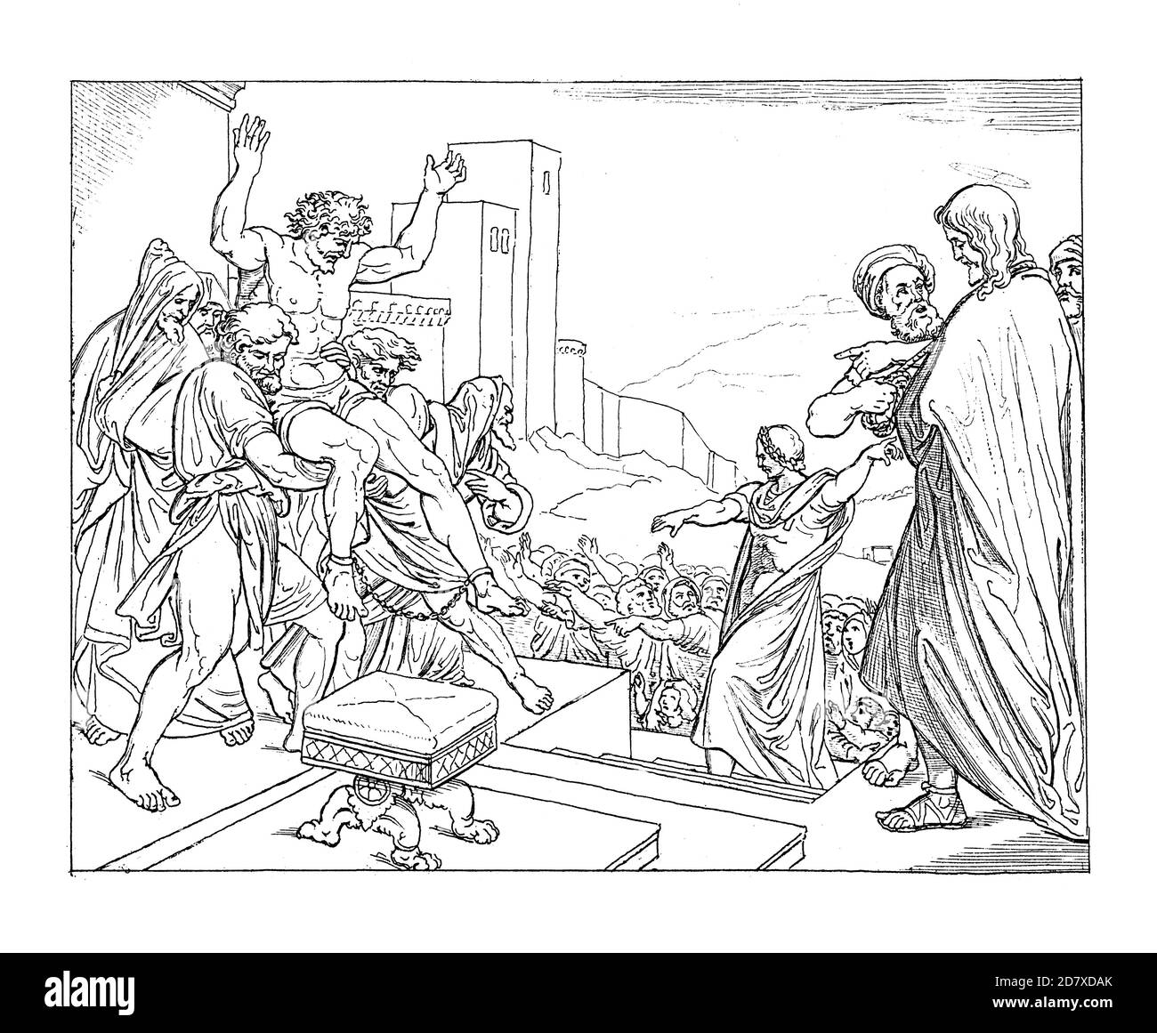 Gravure antique représentant Jésus-Christ et Barabbas, peinture de Johann Friedrich Overbeck. Illustration publiée dans Systematischer Bilder Atlas - Banque D'Images