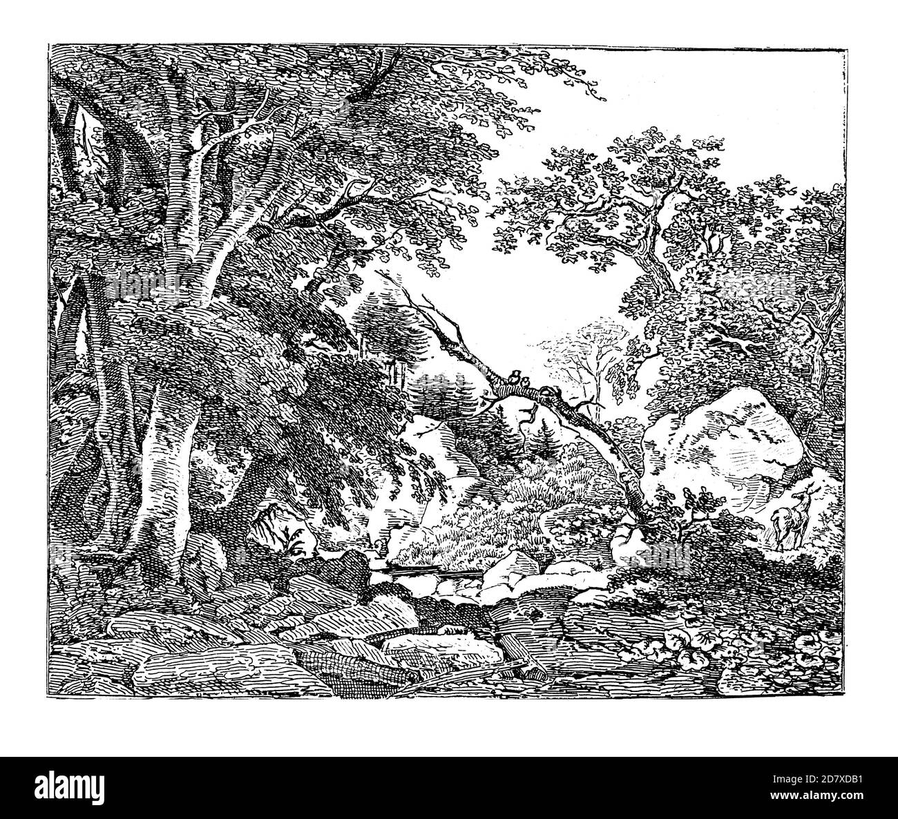 Illustration antique représentant le paysage du soir, peinture de Karl Friedrich Lessing. Il est peintre historique et paysagiste allemand, né en février Banque D'Images