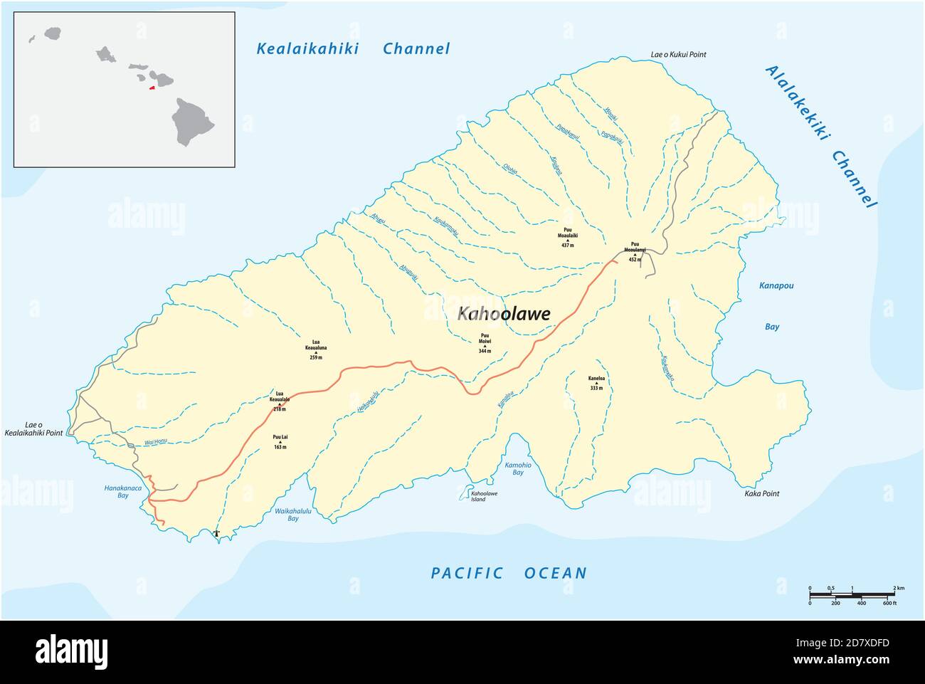 Carte vectorielle de la plus petite île de l'archipel hawaïen, Kahoolawe, Hawaï Illustration de Vecteur