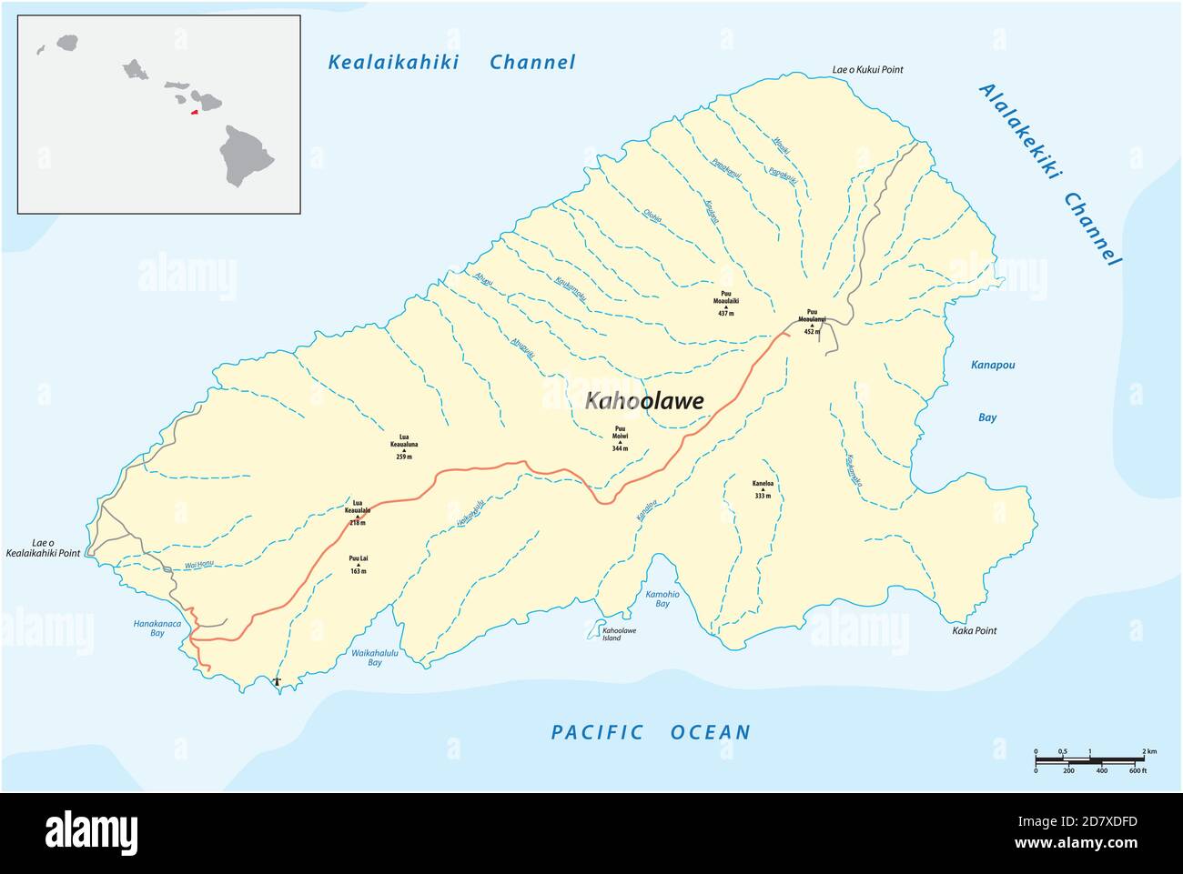 Carte vectorielle de la plus petite île de l'archipel hawaïen, Kahoolawe, Hawaï Illustration de Vecteur