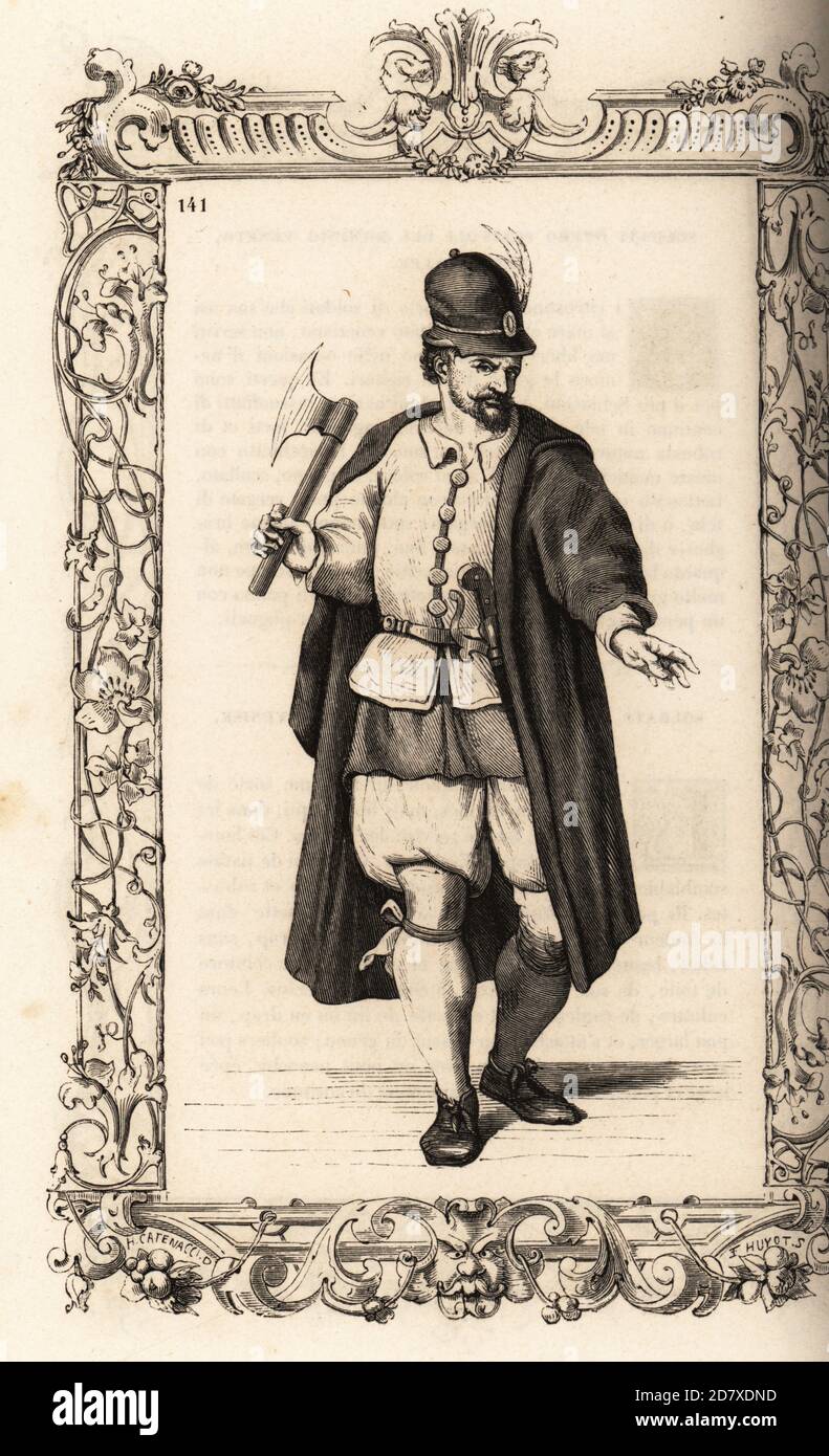 Costume de faulila ou d'un rameur de cuisine vénitienne, XVIe siècle. Employé en temps de guerre. Il porte un chapeau en feutre avec des panaches, un manteau de bronzage, une veste, des mottes, des chaussures. Armé d'une hache et d'un pistolet à serrure en fil. Dans un cadre décoratif gravé par H. Catenacci et Fellmann. Gravure de blocs de bois par Gerard Seguin et E.F. Huyot d'après une coupe de bois de Christoph Krieger de Cesare Vecellio costumes anciens et modernes du XVIe siècle, Habiti antichi et moderni di tutto il mondo, Firman Didot Ferris fils, Paris, 1859-1860. Banque D'Images