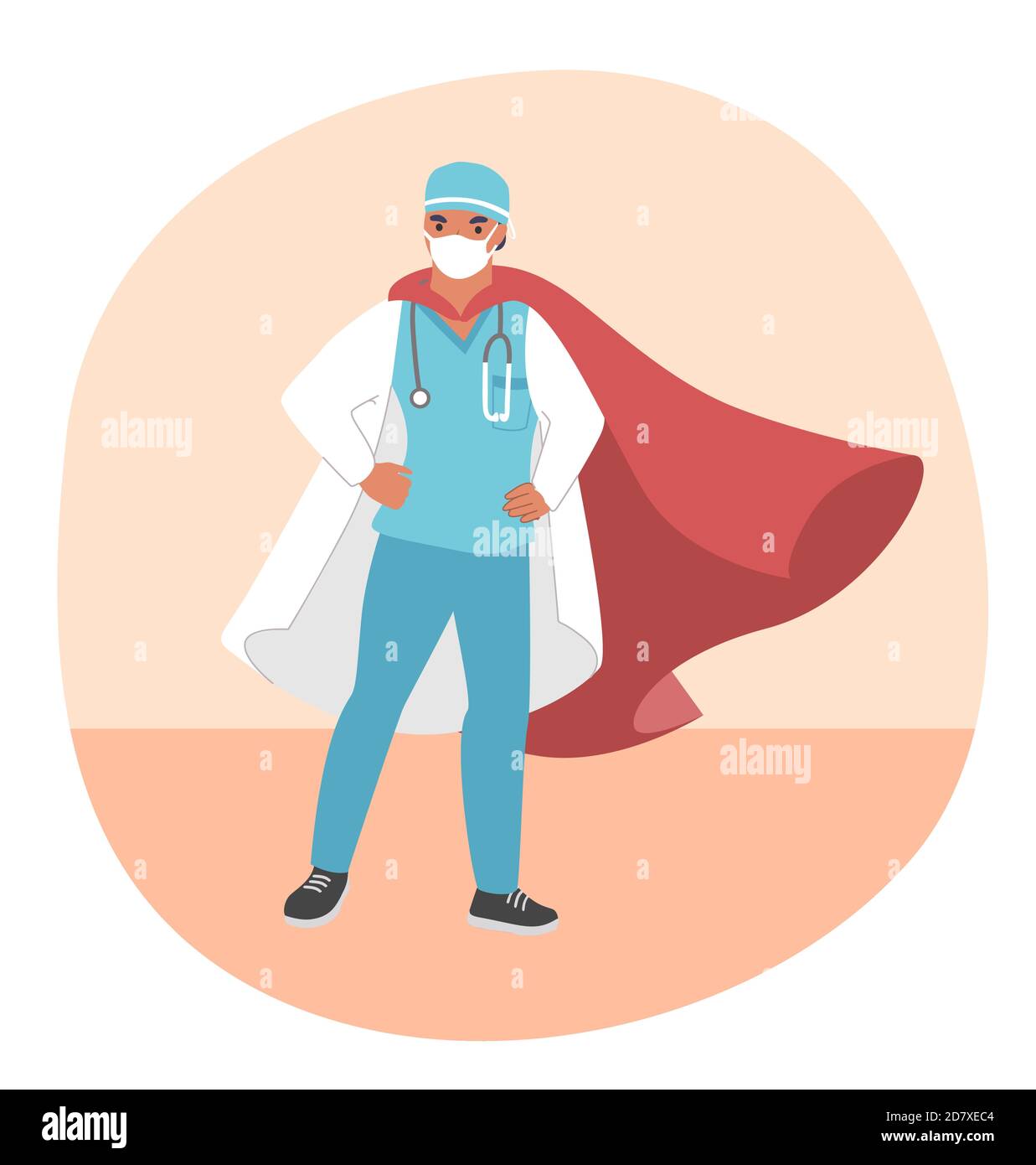 Médecin super héros portant un masque médical et un manteau rouge, illustration vectorielle plate. Illustration de Vecteur