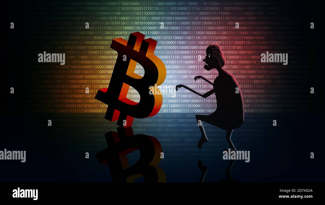 Bitcoin crypto-monnaie le concept de vol avec une silhouette d'un voleur qui s'emparer d'une pièce sur un fond numérique sombre. Vecteur EPS10. Illustration de Vecteur