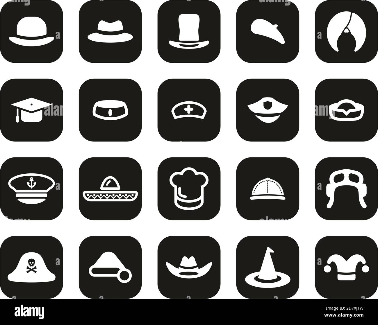 Chapeau icônes blanc sur noir Flat Design Set Big Illustration de Vecteur