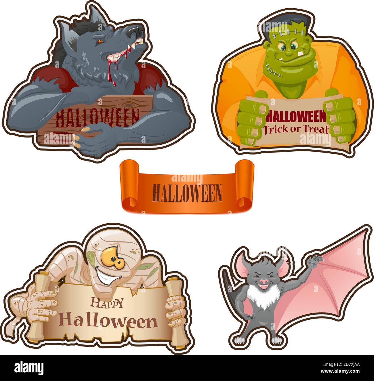 Ensemble de personnages pour Halloween : loup-garou, monstre Frankenstein, momie, chauve-souris. Banderoles d'Halloween style dessin animé Illustration de Vecteur