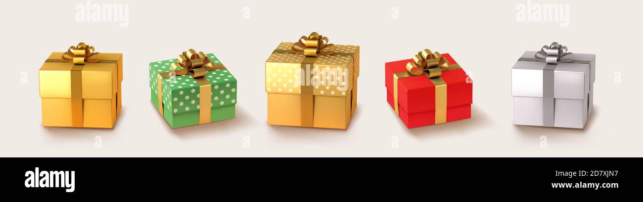 Boîte cadeau. Collection réaliste vecteur cadeaux. Cadeaux de Noël en or et en argent. Illustration de Vecteur