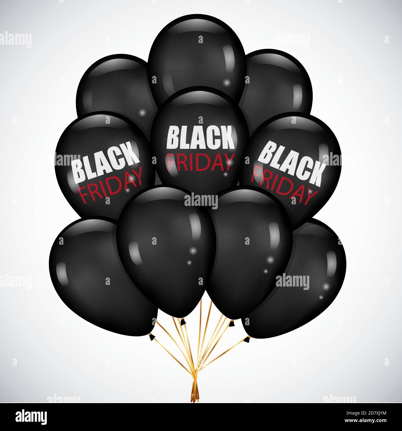 Solde du Vendredi fou affiche avec bande réaliste ballons noirs sur fond blanc. Jeu de ballons brillants pour votre conception. Illustration de Vecteur