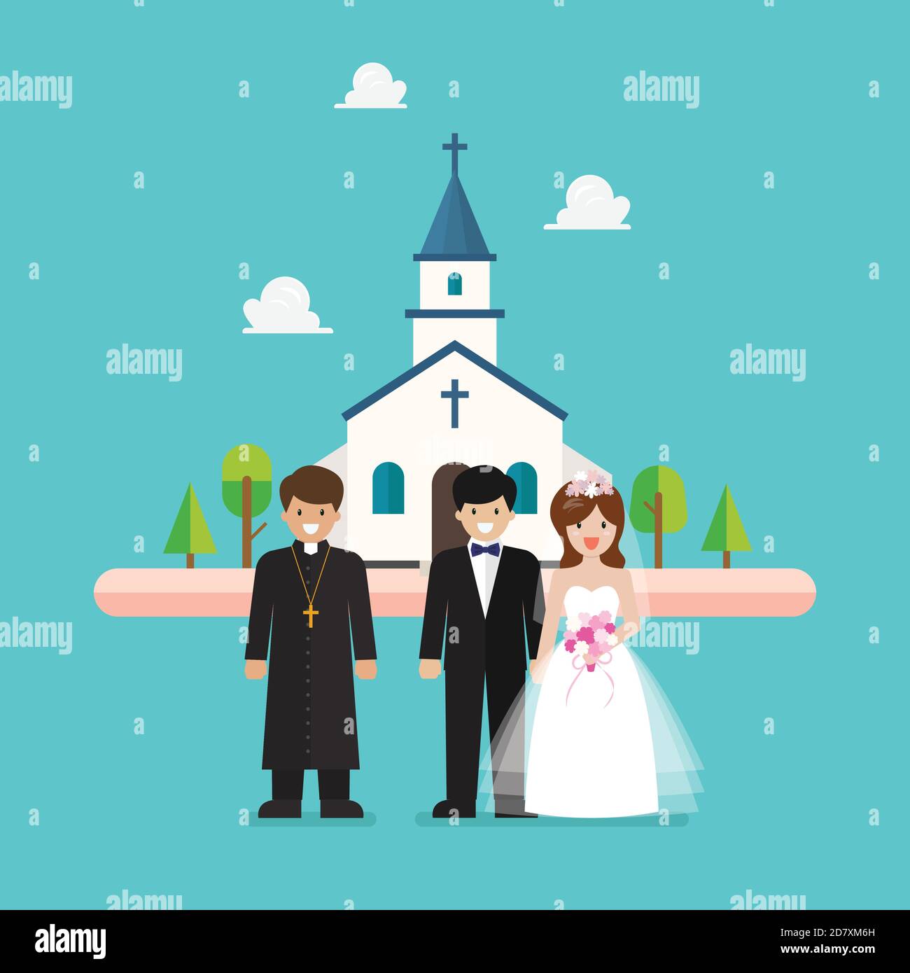 Ceremonie De Mariage A L Eglise En Style Plat Le Pretre Et Le Couple De Mariage Sont Debout Devant L Eglise Illustration Vectorielle Image Vectorielle Stock Alamy
