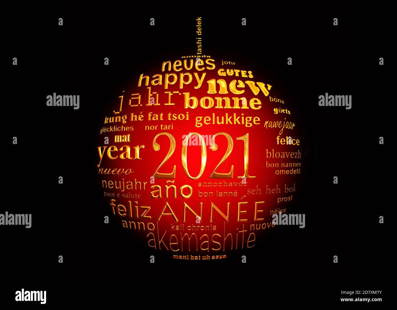 nouvelle année 2021 , rouge noir et or texte multilingue mot nuage carte de voeux en forme de boule de noël Banque D'Images